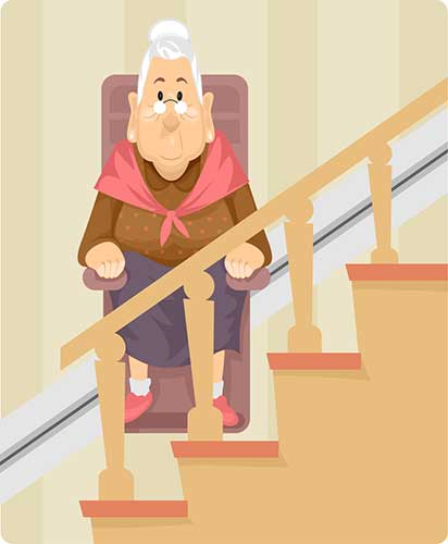 Illustration von Oma, die mit Treppenlift fährt